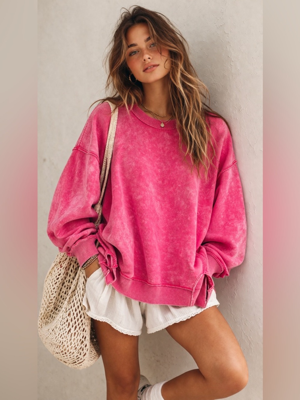 100% cotton Pink Mineral acid Wash Oversized Sweatshirt French Terry Sz L XL